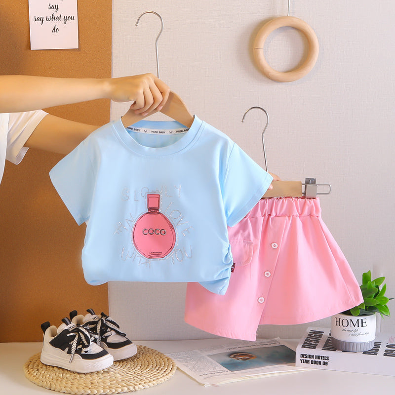 2026 New Summer Fashionable Korean Style Baby Girl Outfit with Rhinestones, Stylish Sleeve Short Skirt Two-Piece Set