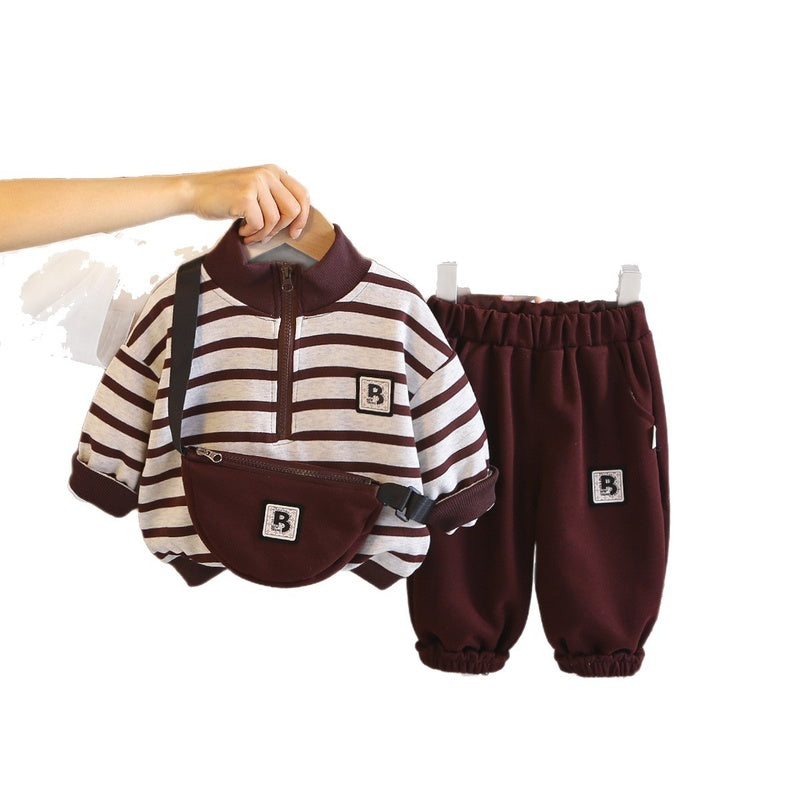 Boys' Outfit 2026 New Fashionable Children's Spring and Autumn Long-Sleeve Striped Two-Piece Set with Sling Bag for Stylish Little Boys