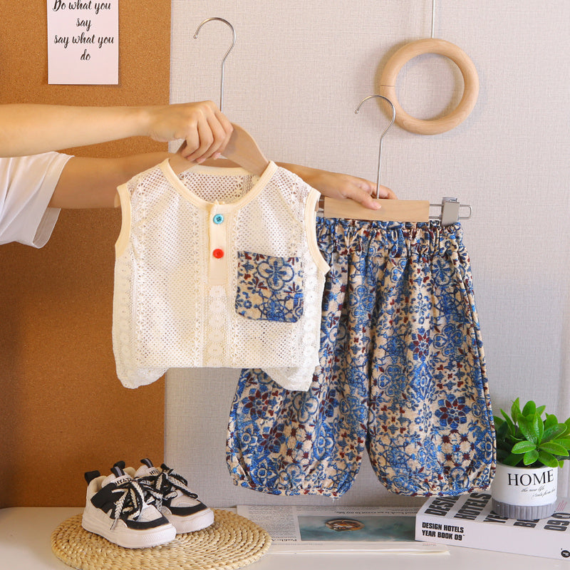 Boys' and girls' outfit 2026 new stylish baby clothes children's summer sleeveless pocket two-piece set