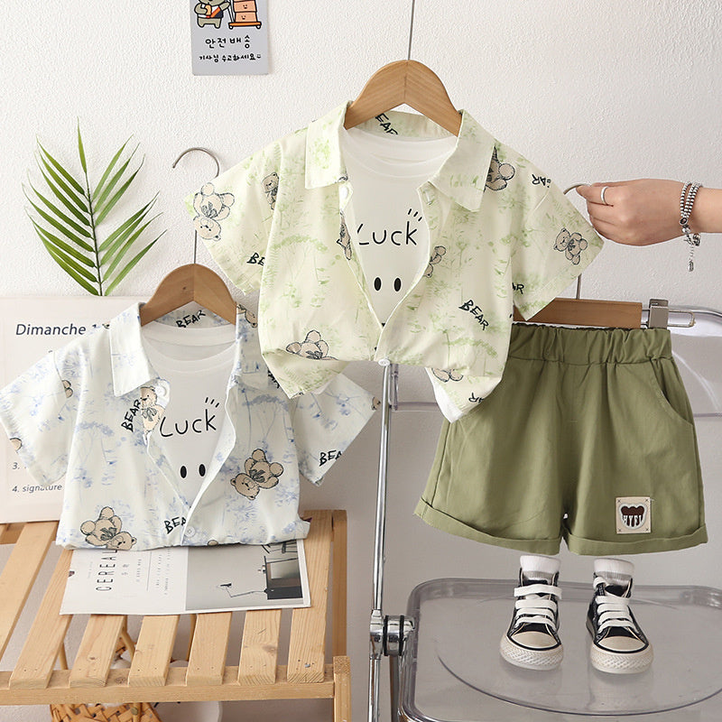 Boys' Outfit 2026 New Short-Sleeve Baby Boy Toddler Clothes Summer Bear Shirt Three-Piece Set Trendy