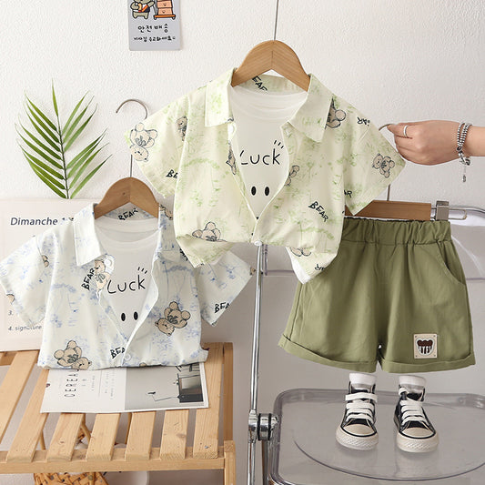 Boys' Outfit 2026 New Short-Sleeve Baby Boy Toddler Clothes Summer Bear Shirt Three-Piece Set Trendy