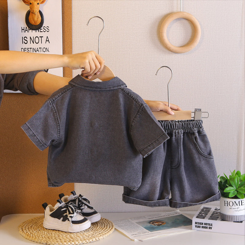 Boys' Summer Casual 2026 New Korean Style Children's Heart-Shaped Denim Cardigan Short-Sleeve Three-Piece Set