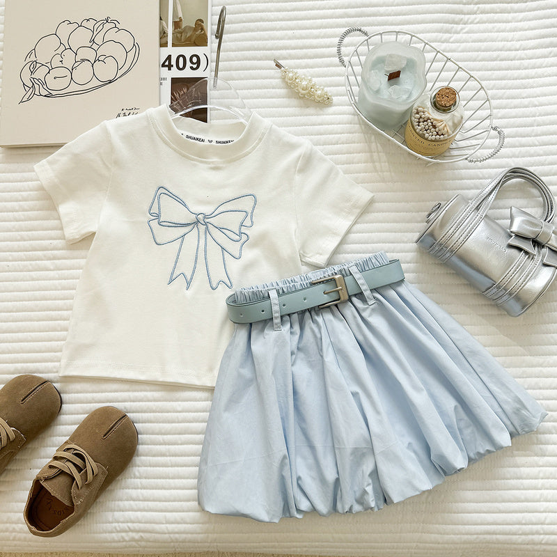 Girls' Summer Outfit New Embroidered Bow Short-Sleeve T-Shirt and Bud Shorts Casual Two-Piece Set for Girls