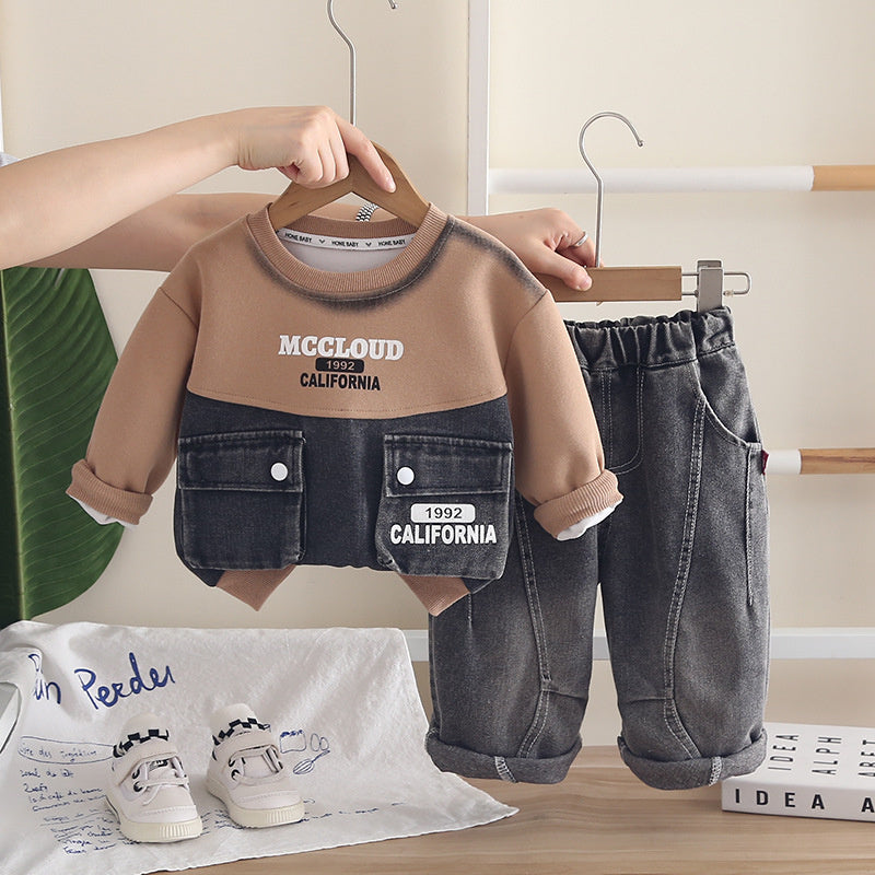 Outfit 2026 New Children's Denim Patchwork Sweatshirt Boys' Spring and Autumn Sports Casual Two-Piece Set