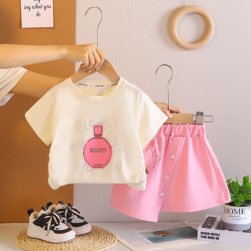 2026 New Summer Fashionable Korean Style Baby Girl Outfit with Rhinestones, Stylish Sleeve Short Skirt Two-Piece Set