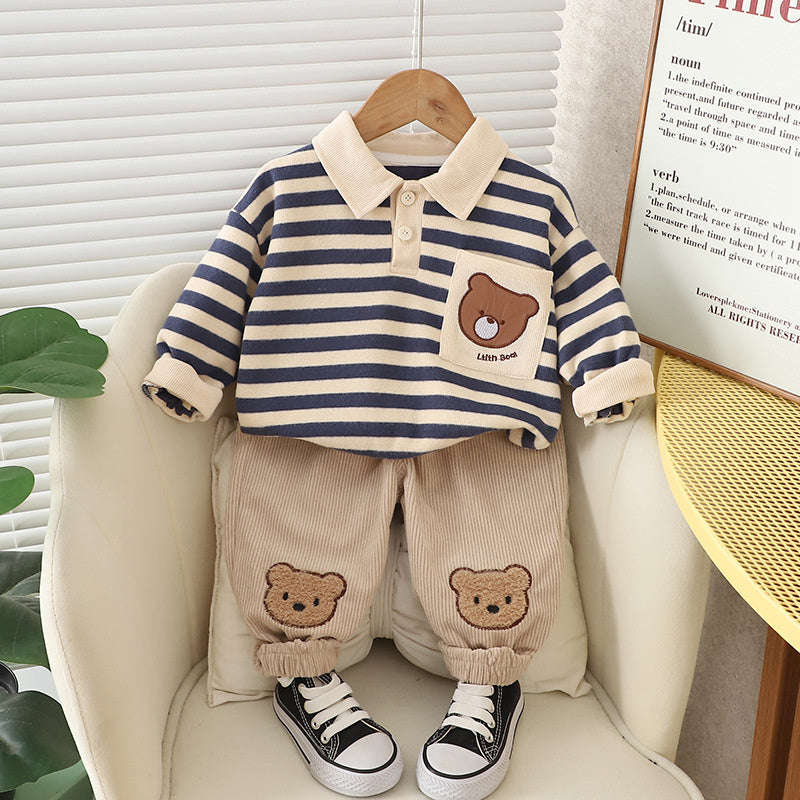 Boys' Suit Spring and Style Autumn Outfit Children's Sportswear Fashionable Stylish Baby Boy Turn-down Collar Bear Clothes Two-piece Set