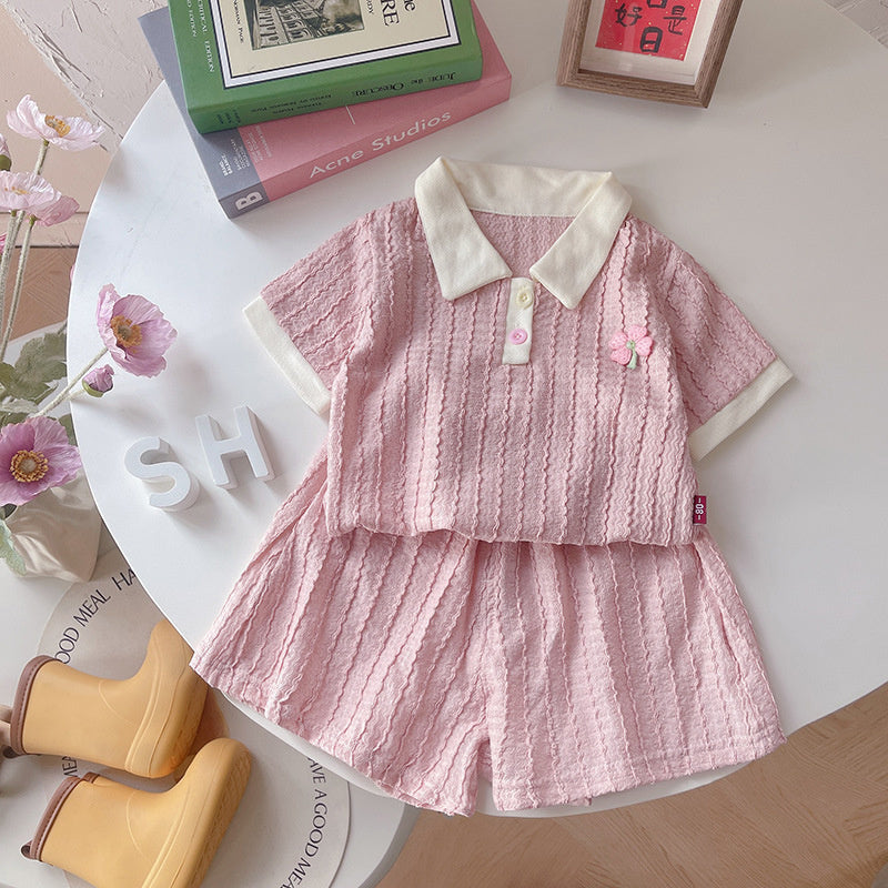 Girls' stylish solid color jacquard suit, summer wear 2026 new model, fashionable casual two-piece set for baby girls