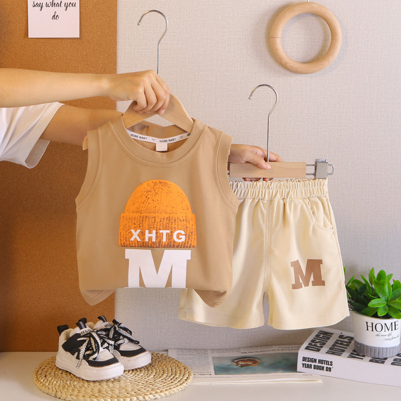 Boys' Outfit 2026 New Cool and Stylish Children's Clothing Summer Hat Letter Print Baby Vest Two-Piece Set