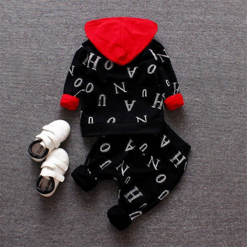 Spring and Autumn New Boys Zipper Shirt Three-Piece Toddler Baby Full Print Letter Hooded Long Sleeve Sweatshirt Set