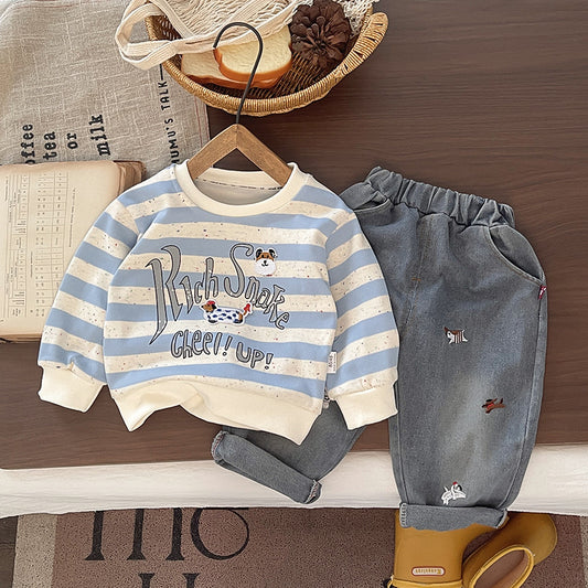 Stylish trendy children's clothing boys, baby outfit with colorful dots puppy design, two-piece set, 2026 new model, infants aged 1 to 5 years, suitable for spring and autumn