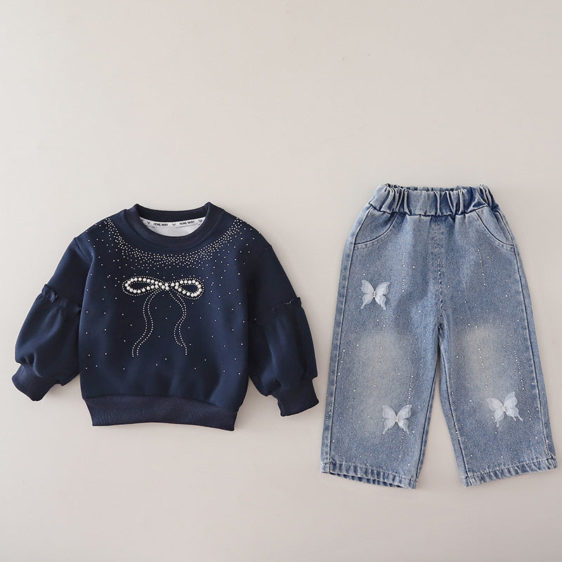 Girls' Sweatshirt Outfit 2026 New Baby Spring and Autumn Bow Two-Piece Set Infant Children's Clothing