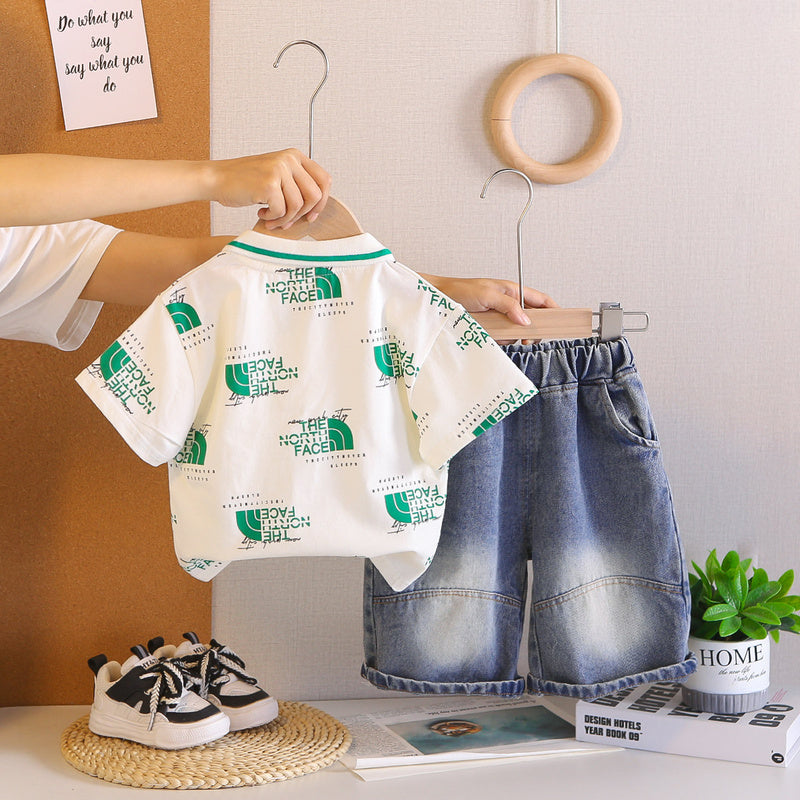 Boys' clothing, children's full-printed turn-down collar short-sleeve set, new stylish two-piece outfit for boys in summer