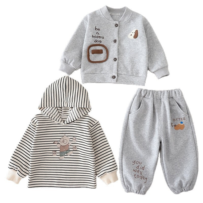 Boys' outfit set, stylish baby boy spring and autumn fashion trendy infant children's clothing striped puppy cardigan three-piece set