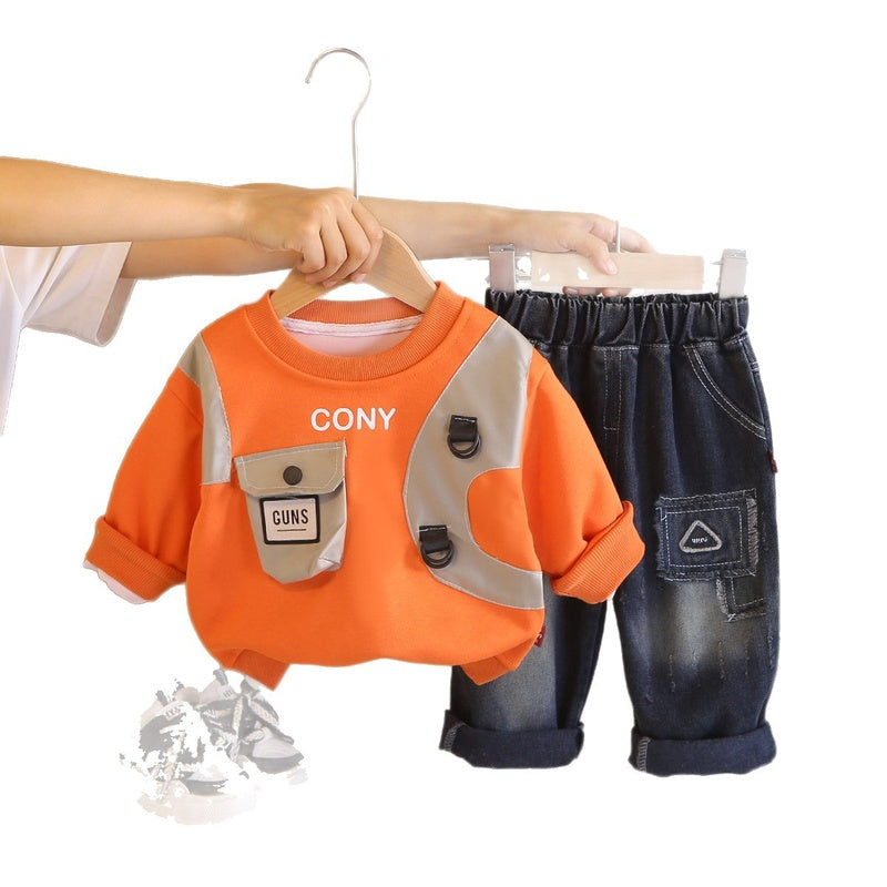 Boys' Stylish and Autumn Set 2026 New Spring Baby Long Sleeve Single Pocket Two-Piece Fashionable Toddler Outfit