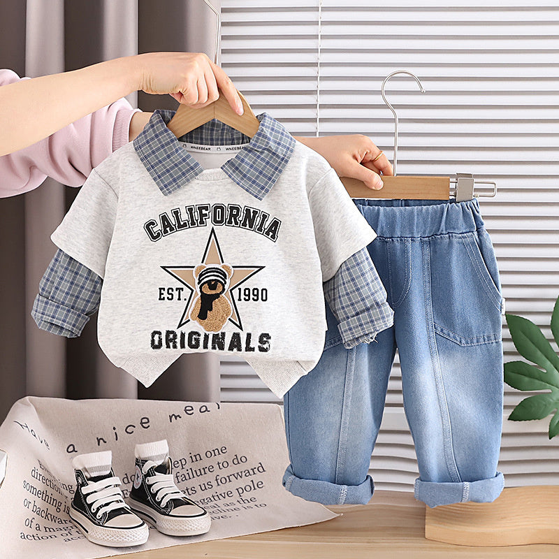 Baby clothes autumn, stylish casual, 2026 plaid bear long-sleeve sweatshirt two-piece set, trendy spring and autumn outfit for baby boys