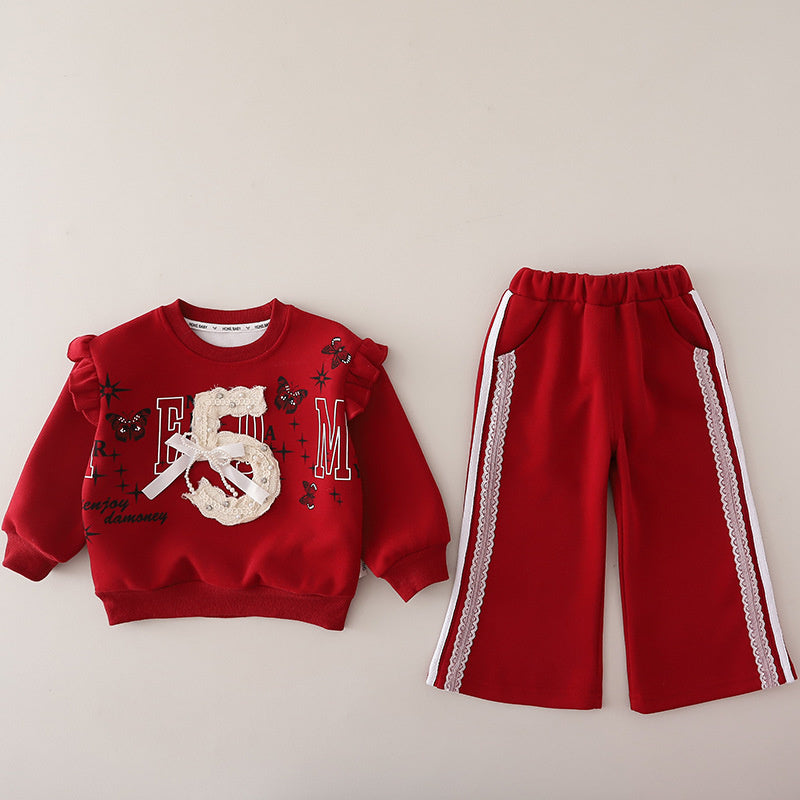 Girls' Fashionable Sporty Digital Print Bow Sweatshirt Set Baby Autumn Stylish Infant Children's Clothing Wholesale