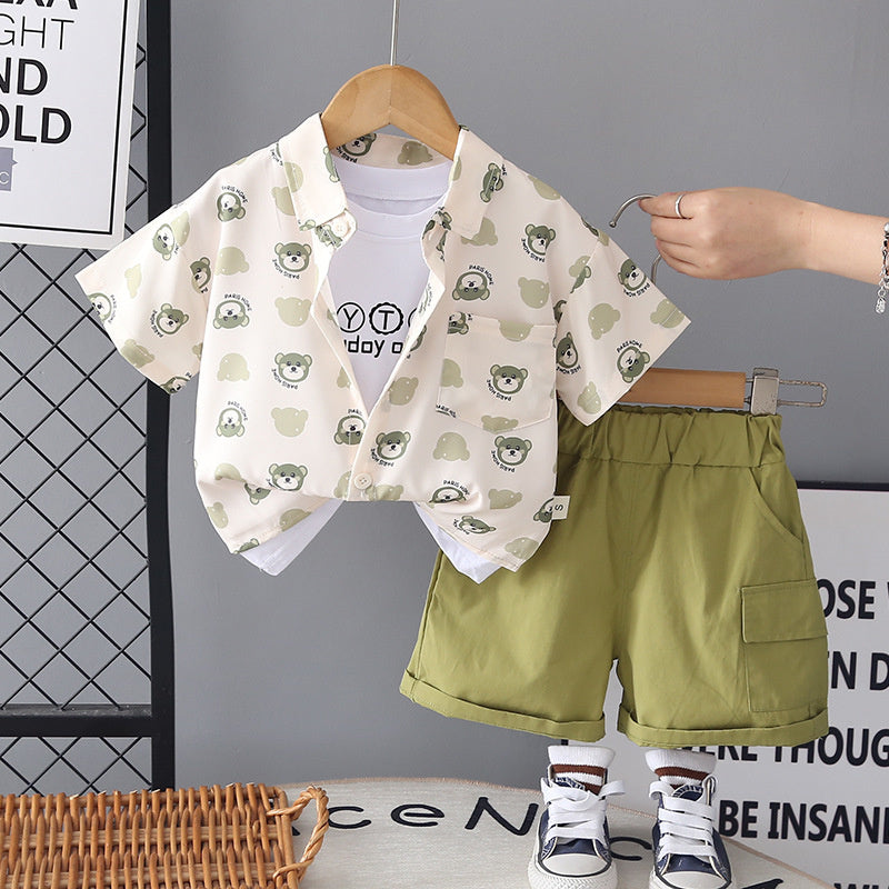 Boys' Summer Full-Print Bear Head Short-Sleeve Shirt Set, Thin Children's Clothing for One-Year-Old Baby Boys