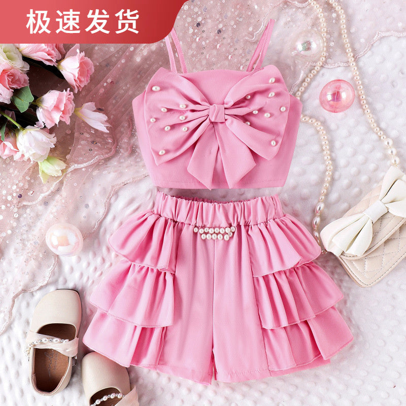 Baoxin Children's Clothing Cross-Border European and American Summer New Girls' Outfit: Pearl Bow Strap Top + Cake Hem Shorts