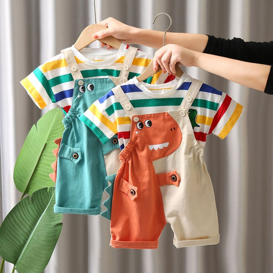 Children's Clothing Short Sleeve Set 205 New Summer Boys and Girls Kids Infant Cartoon Color Striped Dinosaur Suspender Shorts