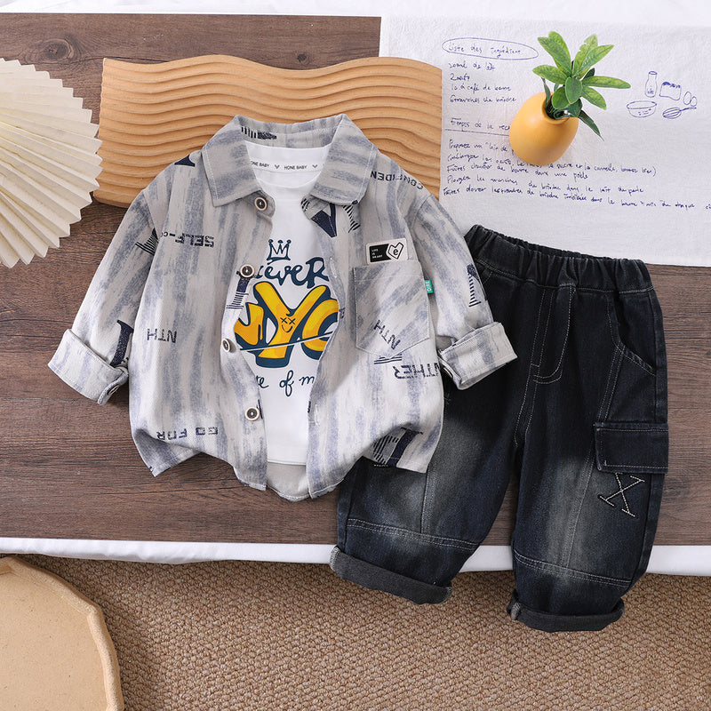 Boys' Autumn Casual Letter Print Three-Piece Set 2026 New Korean Style Stylish Baby Clothing Outfit Trendy
