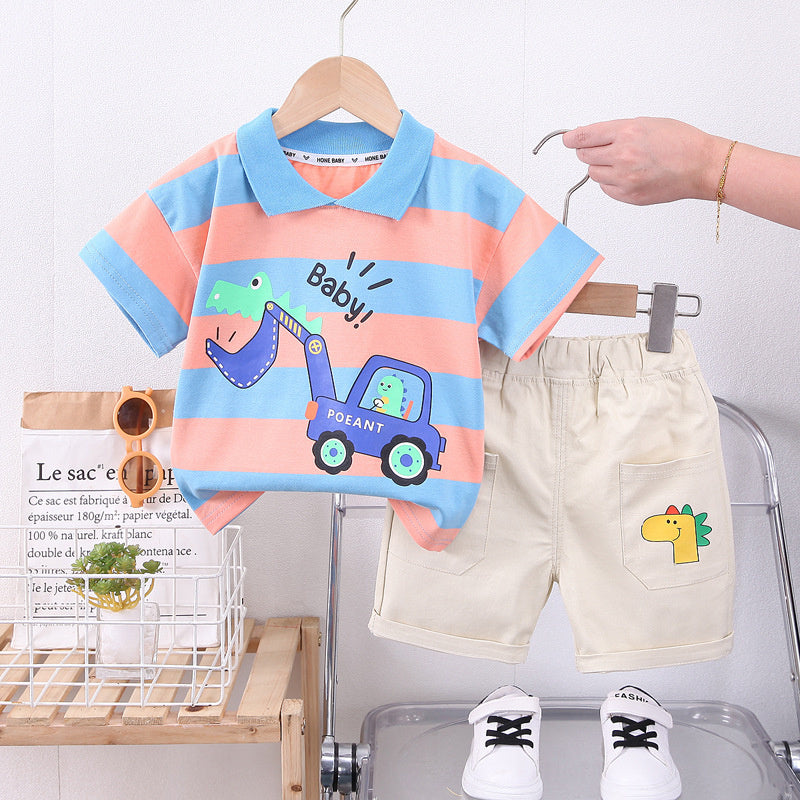 Boys' Outfit Set Korean Style Trendy Children's Striped Cartoon Excavator Short Sleeve Clothing for One-Year-Old Baby Summer Clothes