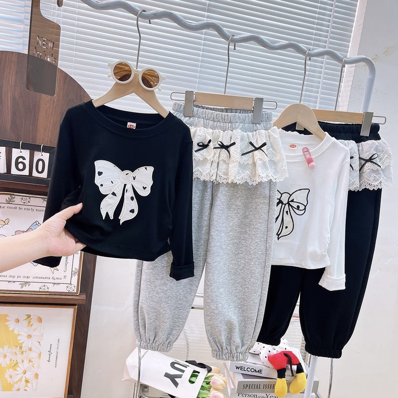 Girls' 2025 Autumn New Children's Clothing Set: Bowknot Long Sleeve Top and Lace Patchwork Sweatpants Two-Piece Set