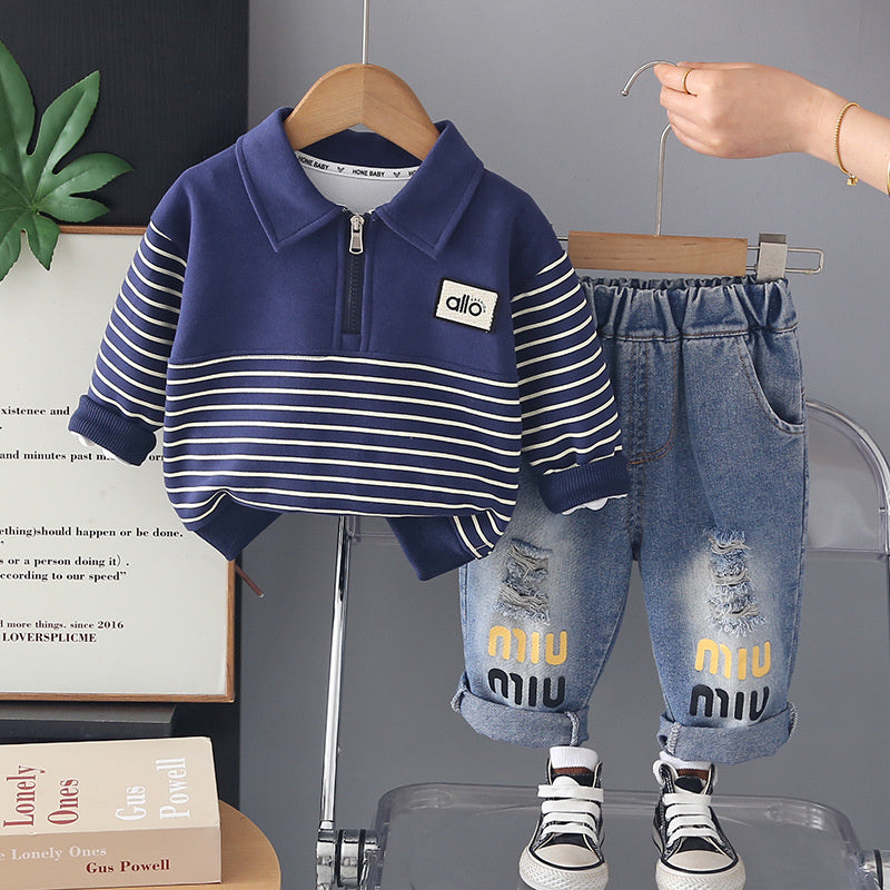 Boys' Spring 2026 New Stylish Set for 1-3 Year Olds, Baby Two-Piece Outfit with Half-Zip Long Sleeve Clothes