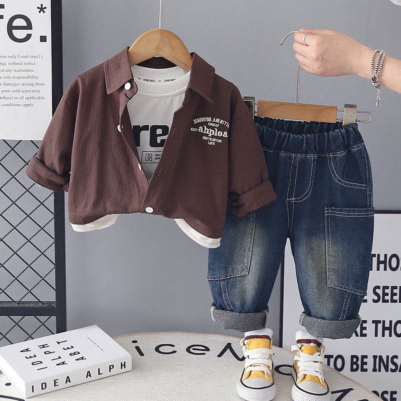 Baby boy outfit, boys' suit for ages 1-3, stylish toddler clothing, spring and autumn letter color block three-piece set
