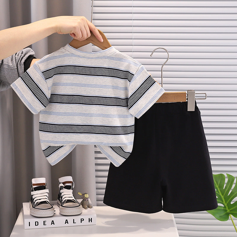 Boys' Summer Outfit 2026 New Style: Toddler Striped Short Sleeve Shirt with Pocket Shorts Two-Piece Set, Trendy and Stylish for Babies