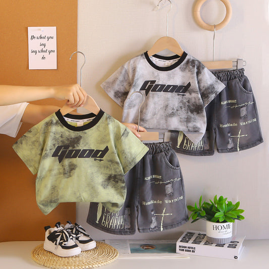 New stylish outfit boys, thin two-piece set with gradient letter print short sleeves, trendy summer clothing for babies
