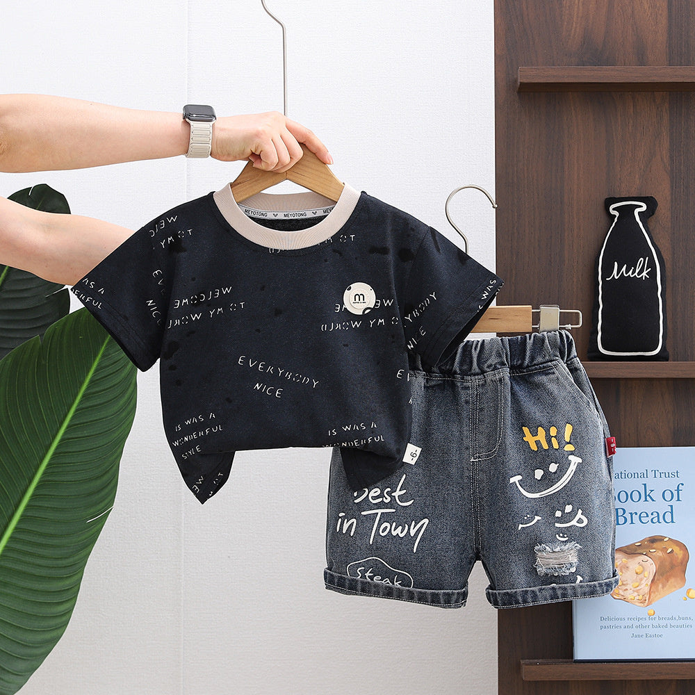 Boys' Outfit Set 2026 New Baby Summer Round-Neck Short-Sleeve Thin Korean Style Two-Piece Trendy Children's Clothing