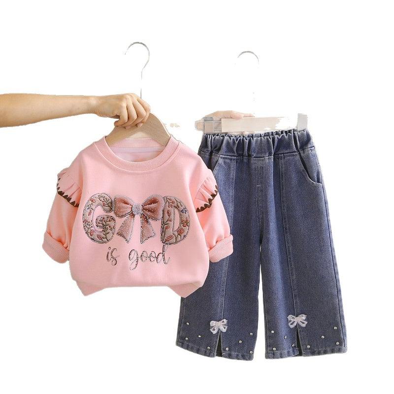 Girls' Autumn Outfit Set 2026 New Fashionable Letter Print Bow Sweatshirt and Pants for Baby Girls 1-2 Years Old
