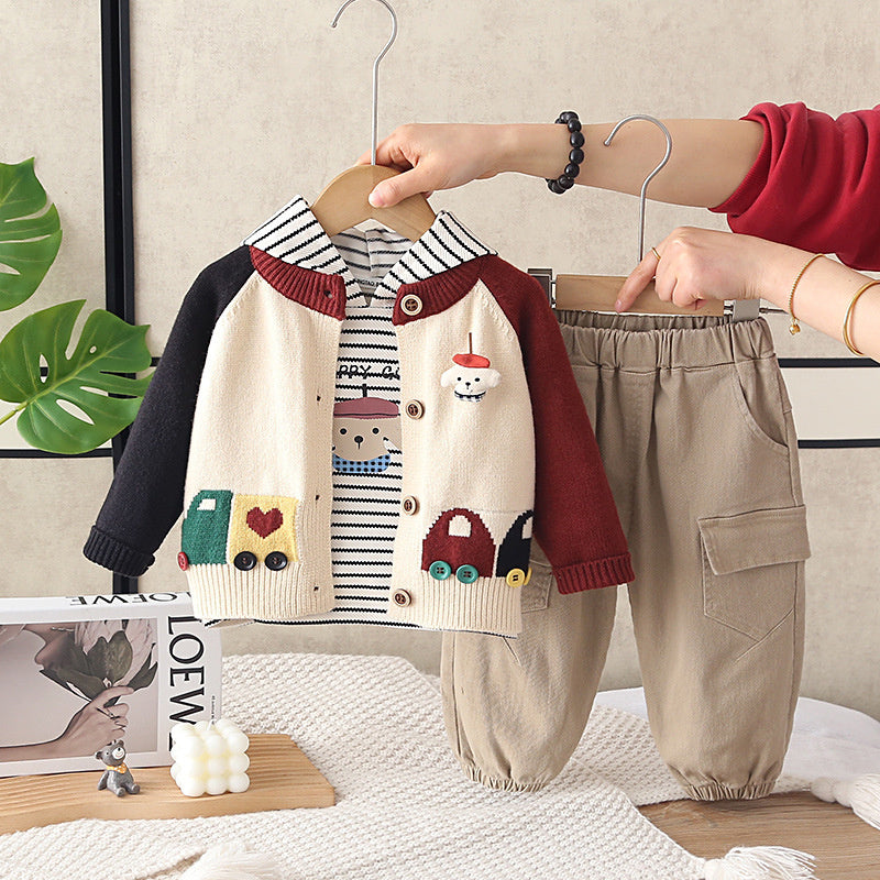Boys' and Autumn Color-Block Car Three-Piece Set Infant Cartoon Casual Outfit for 1-4 Year Olds Baby Spring Clothes