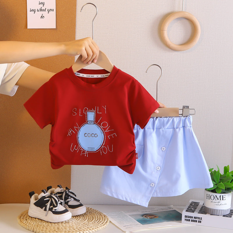 2026 New Summer Fashionable Korean Style Baby Girl Outfit with Rhinestones, Stylish Sleeve Short Skirt Two-Piece Set