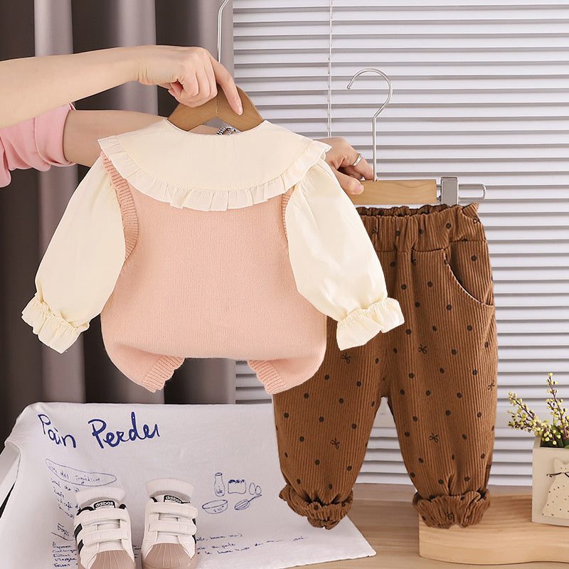 Girls' Outfit 2026 New Fashionable Little Mushroom Sweater Three-Piece Set Baby Spring Trendy Casual Clothes