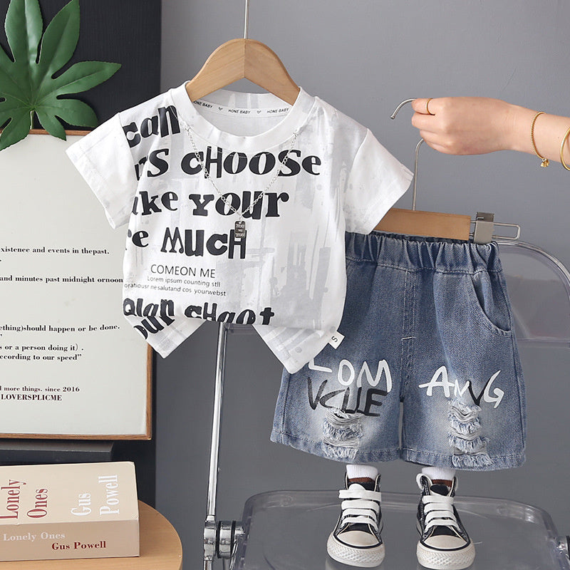 Boys' Outfit 2026 New Style: Toddler Summer Tie-Dye Letter Print Short Sleeve Shorts Two-Piece Set, Stylish and Trendy for Babies
