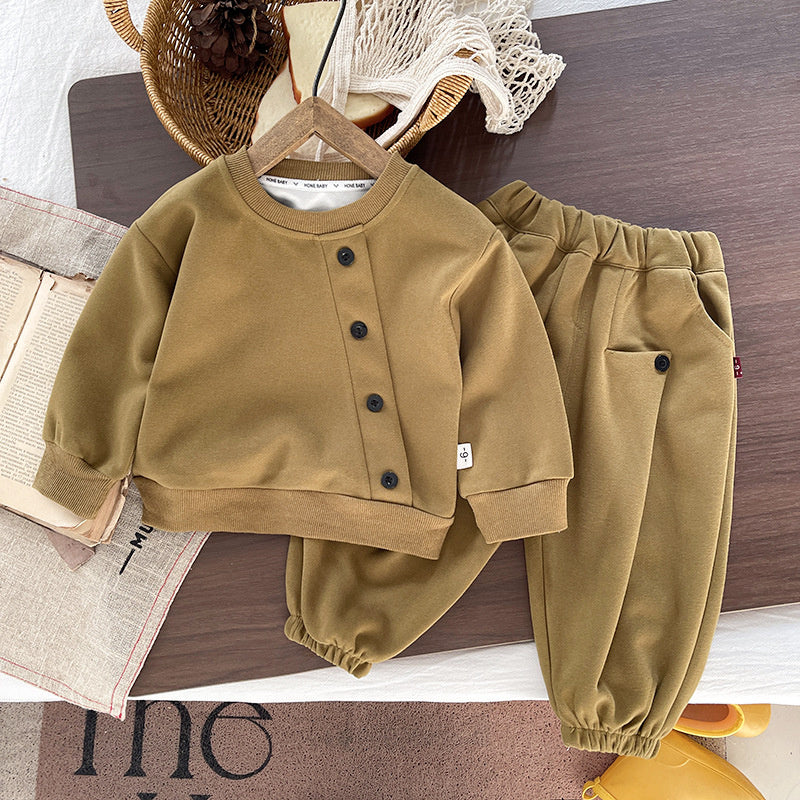 Boys' Autumn Sports Suit 2026 Spring/Autumn New Casual Button-Up Sweatshirt Two-Piece Set for Children and Toddlers