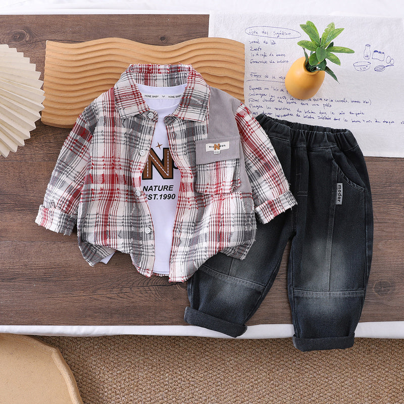 Boys' Spring and Outfit 2026 New Plaid Three-Piece Set Baby Autumn Casual Shirt Trendy Children's Clothing
