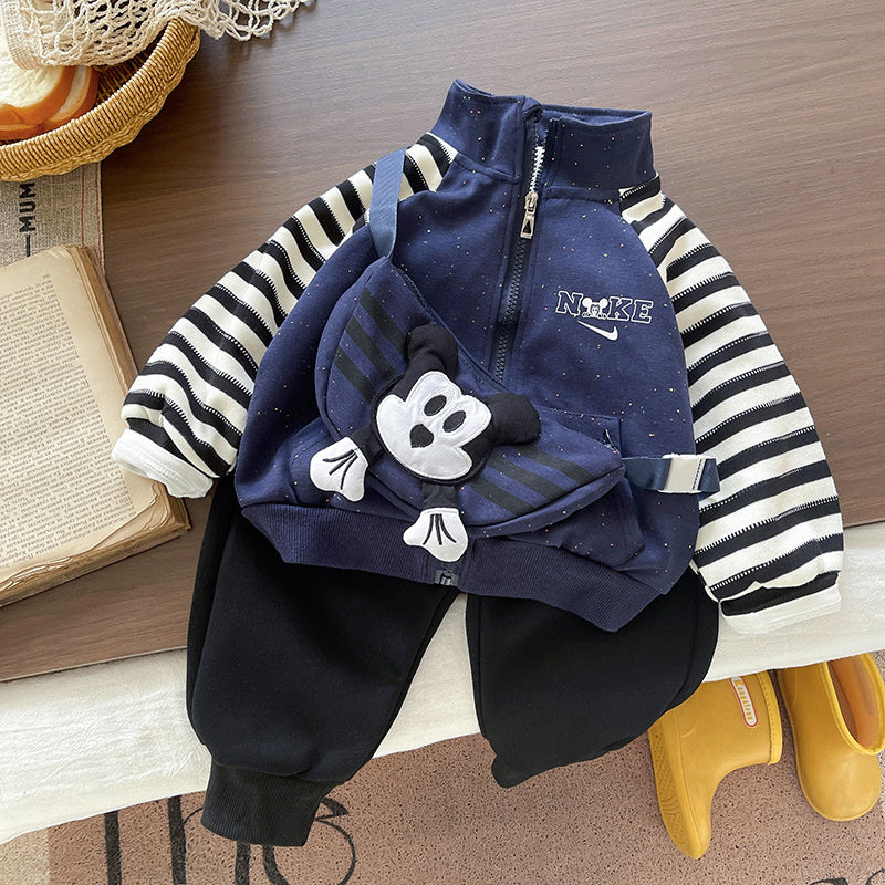 Children's clothing, boys' fashionable casual outfit, stylish three-piece set with shoulder bag one-year-old baby, spring autumn season, for infants and toddlers