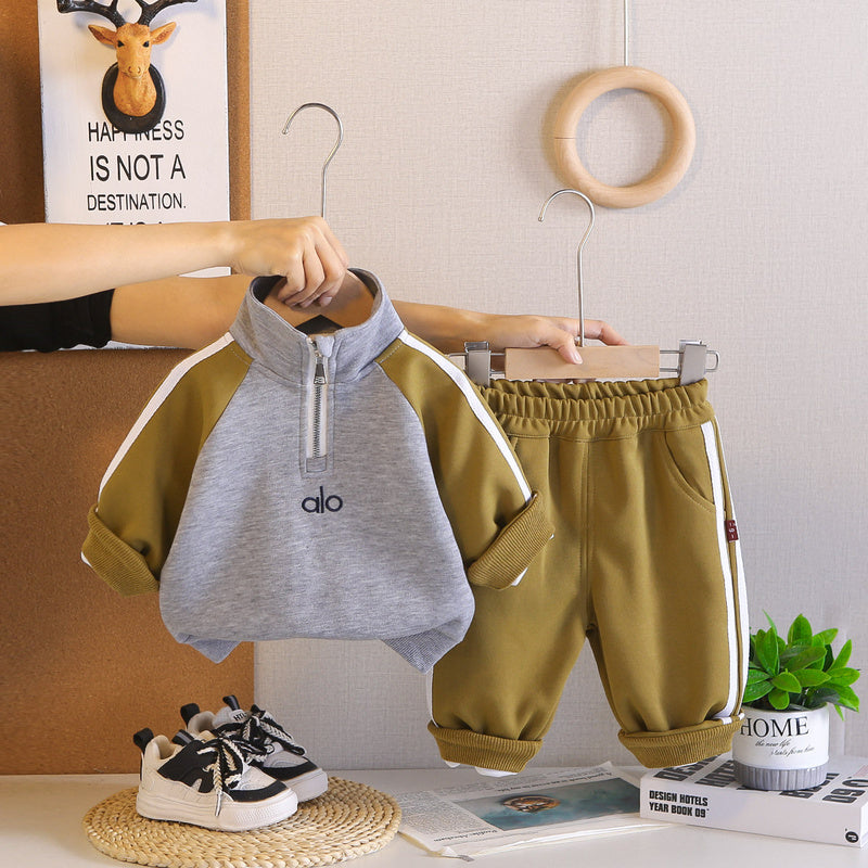 Boys' Autumn Outfit, New Spring Style for Baby Boys, Casual Two-Piece Set with Half-Zip and Color Block Long Sleeves, Trendy