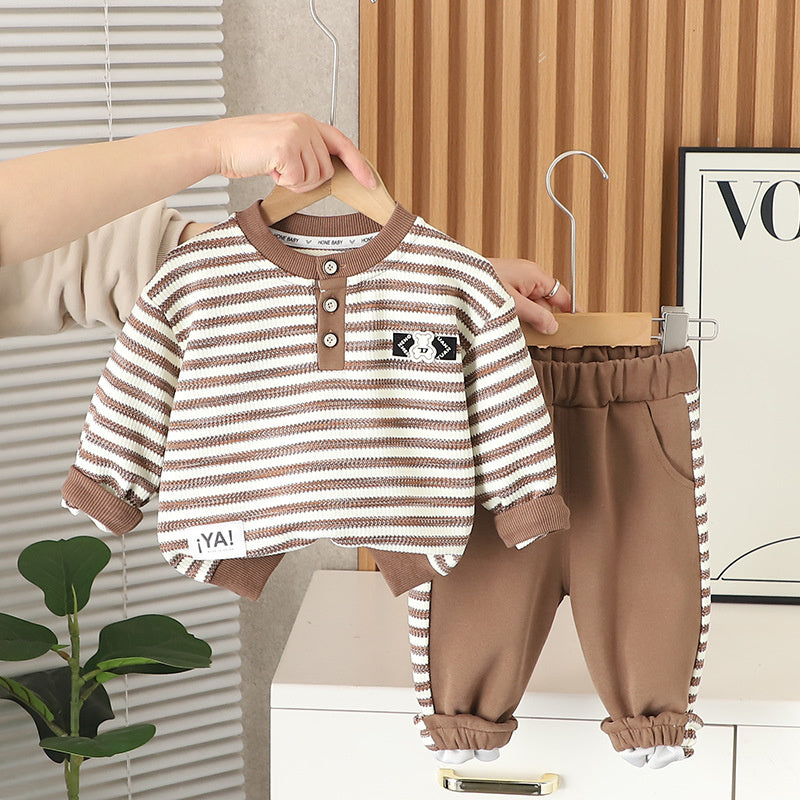 Outfit Round Neck Button Set 2024 New Children's Spring and Autumn 1 to 3 Years Old Boys' Stylish Clothes