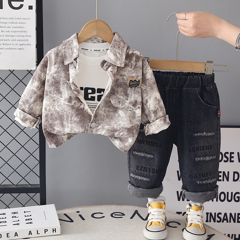 Spring and Outfit 2026 New Style Boys' Autumn Clothes Children's Korean Version Full-Print Round Pocket Three-Piece Set Trendy Wholesale