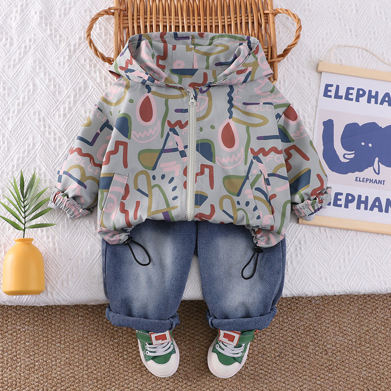 Boys' Outfit for Spring and Autumn 2026 New Graffiti Line Jacket, Long Sleeve Baby Korean Style Two-Piece Set Trendy