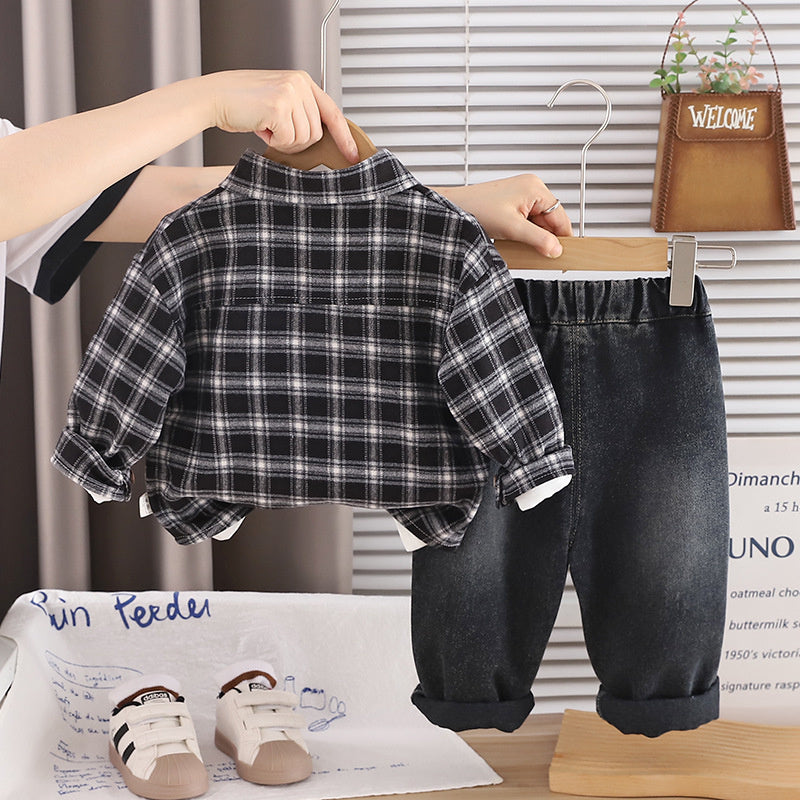 Boys' Autumn Outfit 2026 New Fashionable Stylish Children's Plaid Shirt and Jeans Three-Piece Set