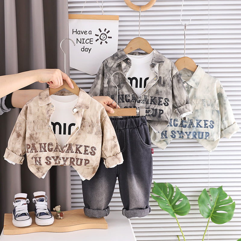 Boys' Spring Outfit 2026 New Style 1-2-3-5 Year Olds, Stylish Tie-Dye Letter Print Three-Piece Set for Kids