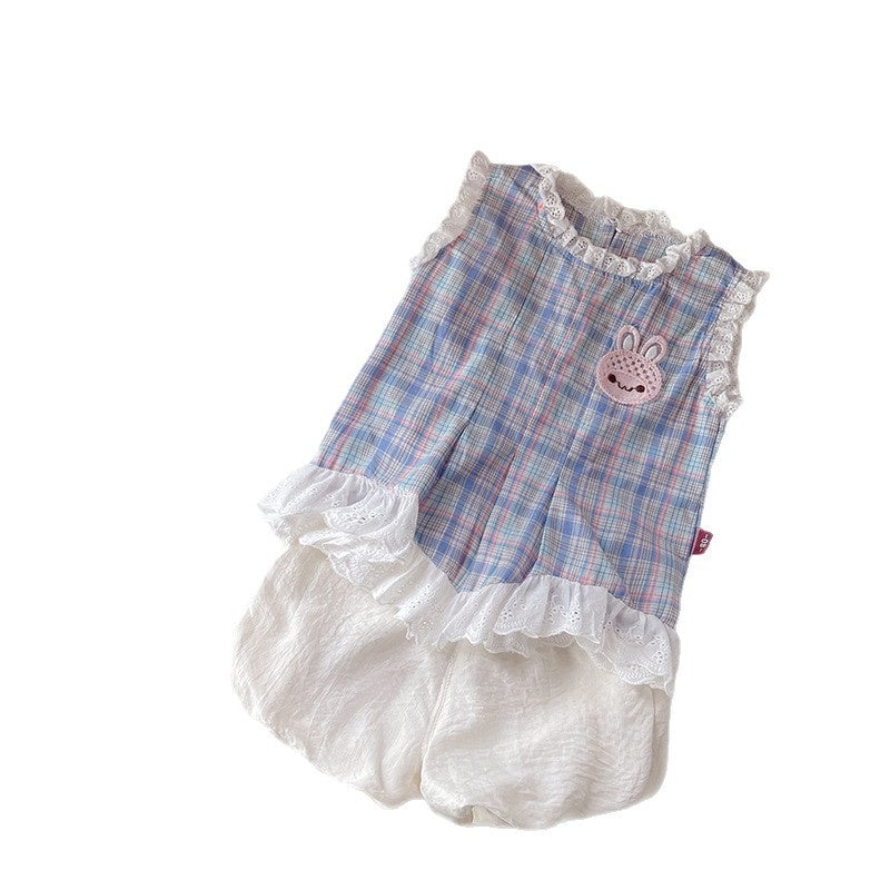 Girls' Outfit 2026 New Fashionable Colorful Plaid Rabbit Sleeveless Children's Clothing Baby Summer Two-Piece Set