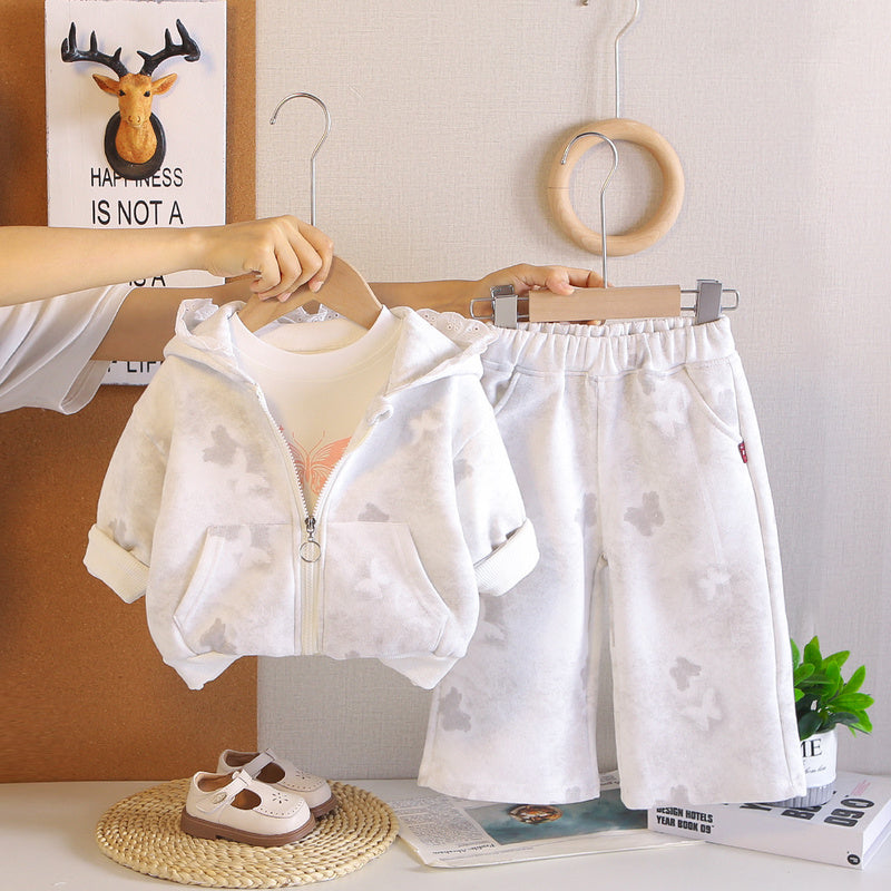 Girls' Outfit 2026 New Fashionable Full-Print Big Butterfly Three-Piece Set Baby Spring and Autumn Cartoon Clothes