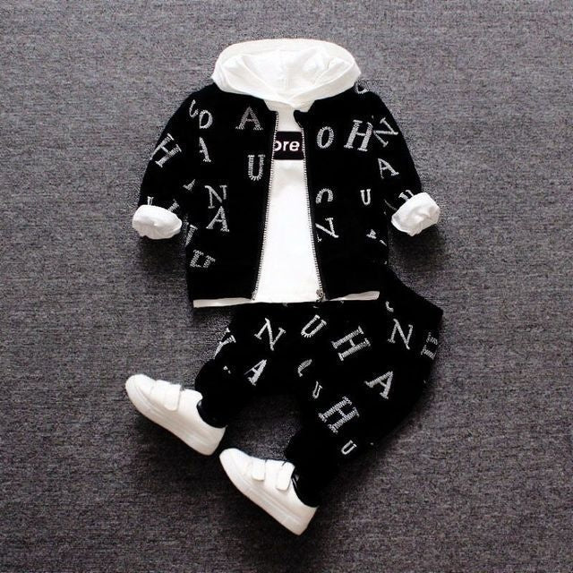 Spring and Autumn New Boys Zipper Shirt Three-Piece Toddler Baby Full Print Letter Hooded Long Sleeve Sweatshirt Set