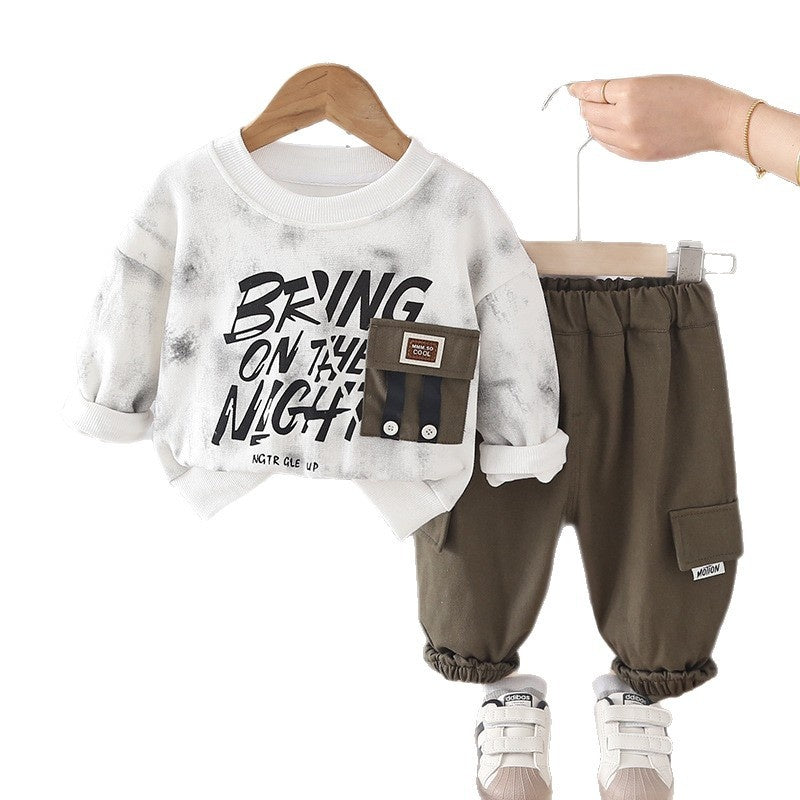 Cool stylish outfit for boys, trendy children's clothing, baby boy spring autumn two-piece set with pockets and letter print