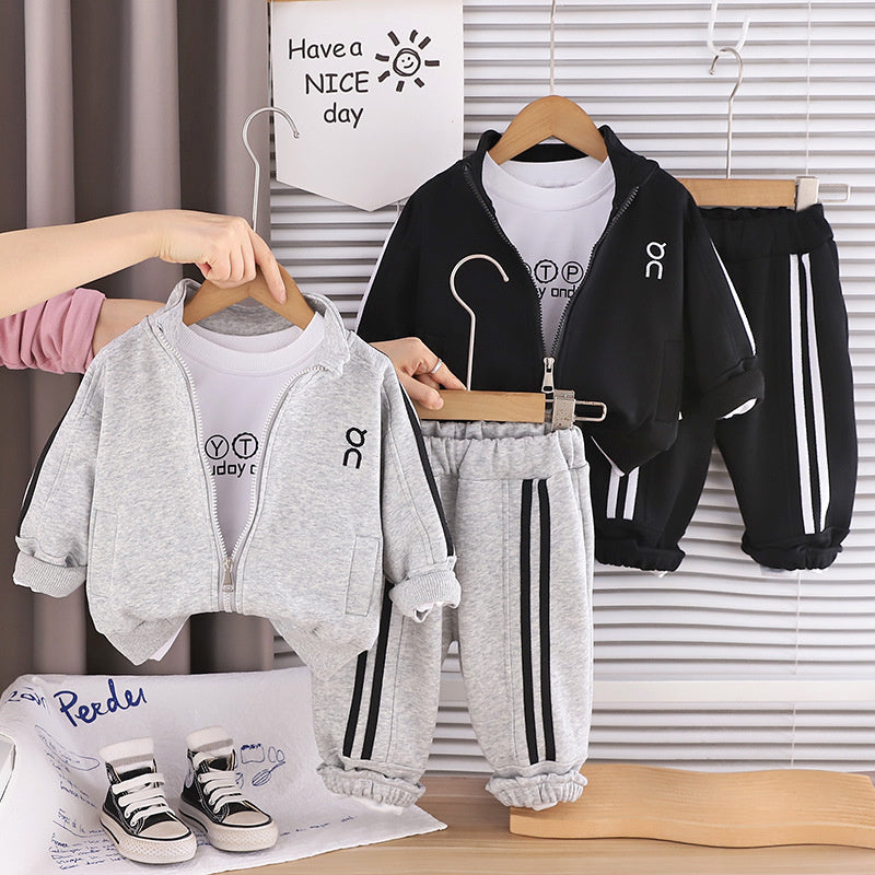 Boys' Summer Spring Outfit New 2026 Baby Clothing Stylish Solid Color Zipper Jacket Three-Piece Set Trendy Wholesale
